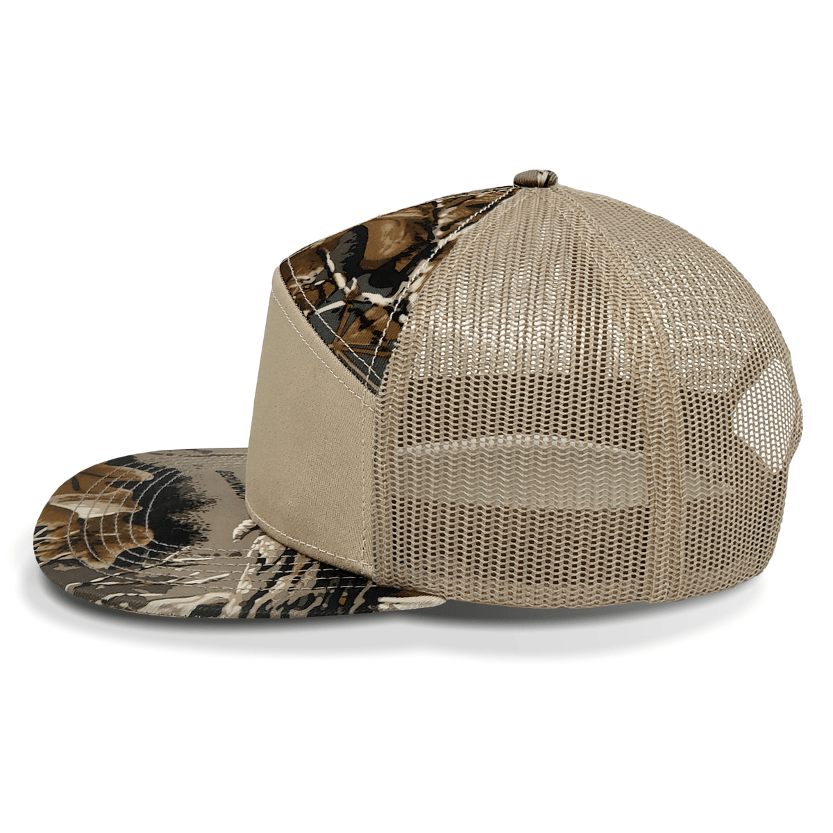 Beige mesh cap with camouflage visor on a white background side view