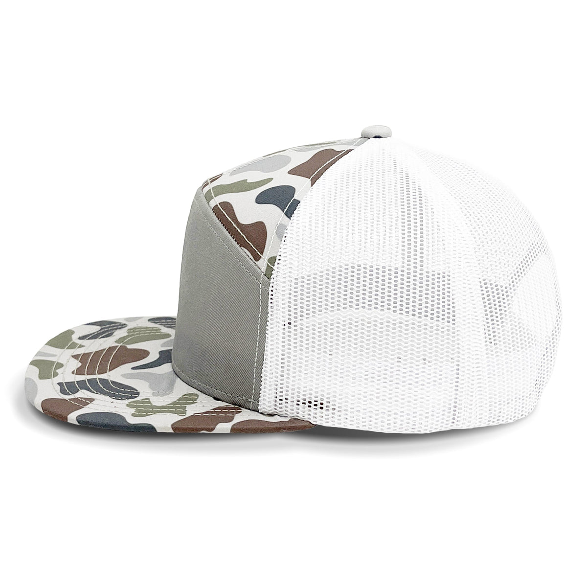 White trucker cap with camouflage visor on a white background side view