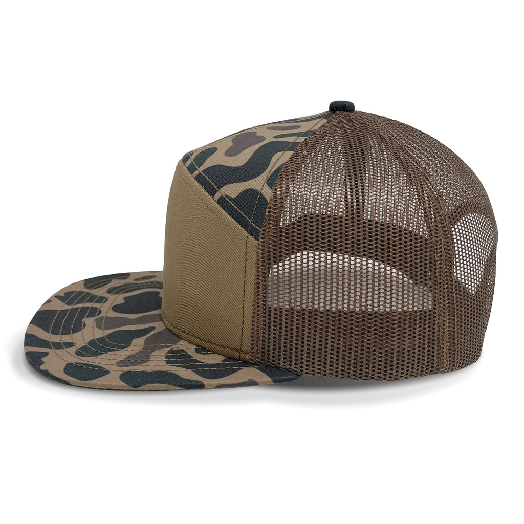 Brown camouflage baseball cap with mesh back on a white background side view