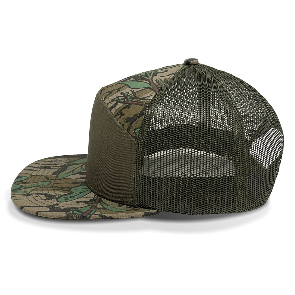 Green camouflage baseball cap with mesh back on a white background side view