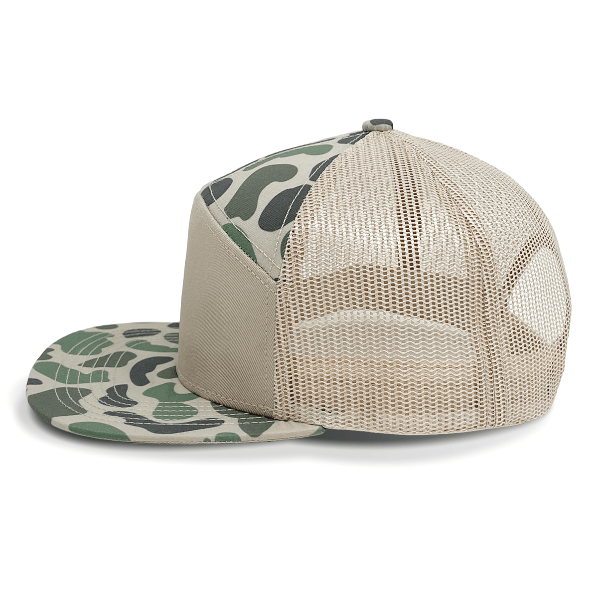 Beige mesh cap with green leaf pattern on a white background side view