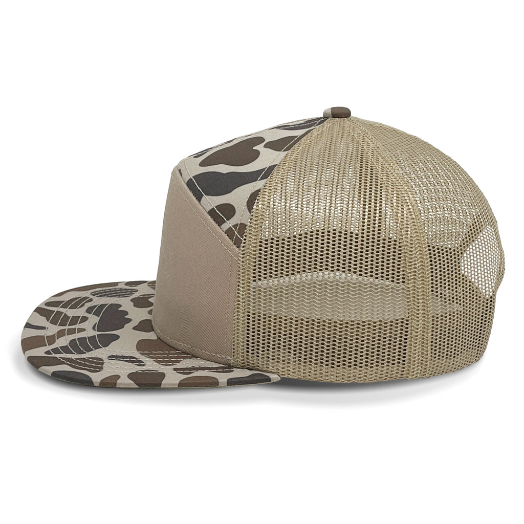 Beige mesh cap with camouflage visor on a white background side view