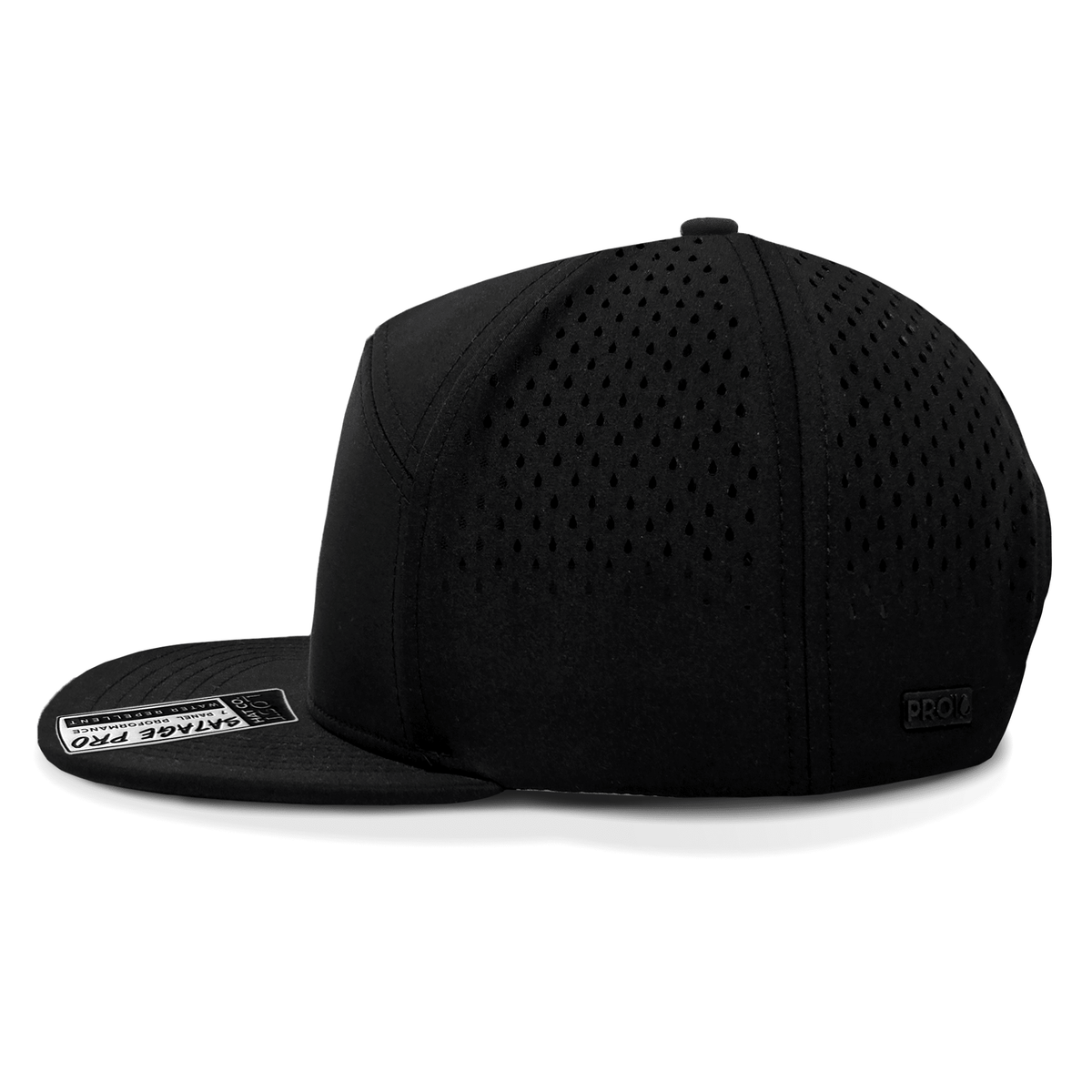 Black baseball cap with perforated design on a white background side view
