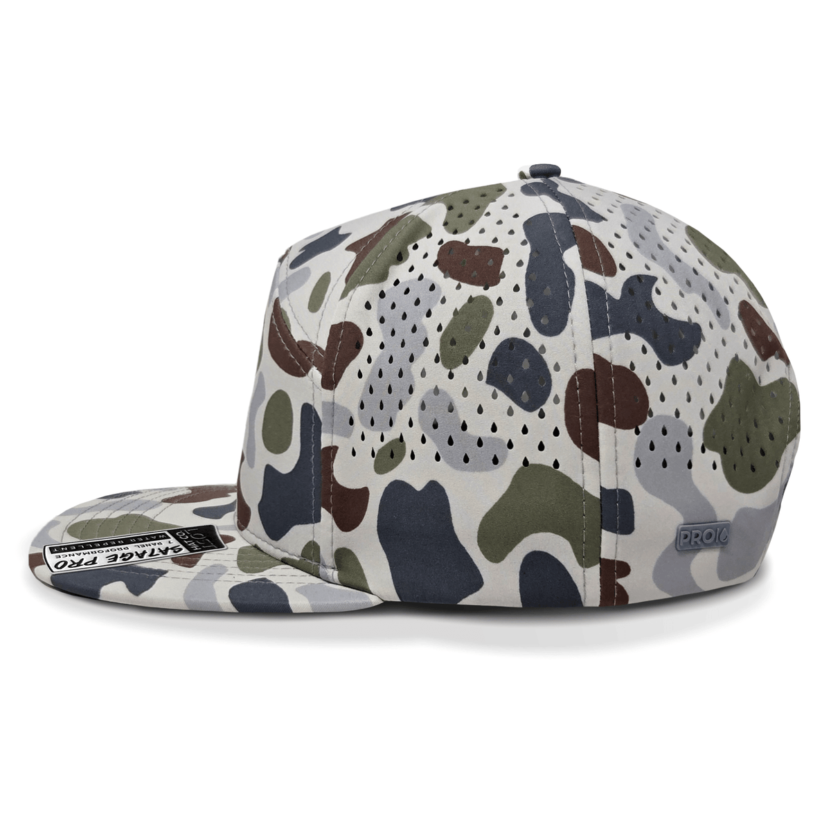 Camouflage-patterned baseball cap on a white background side view