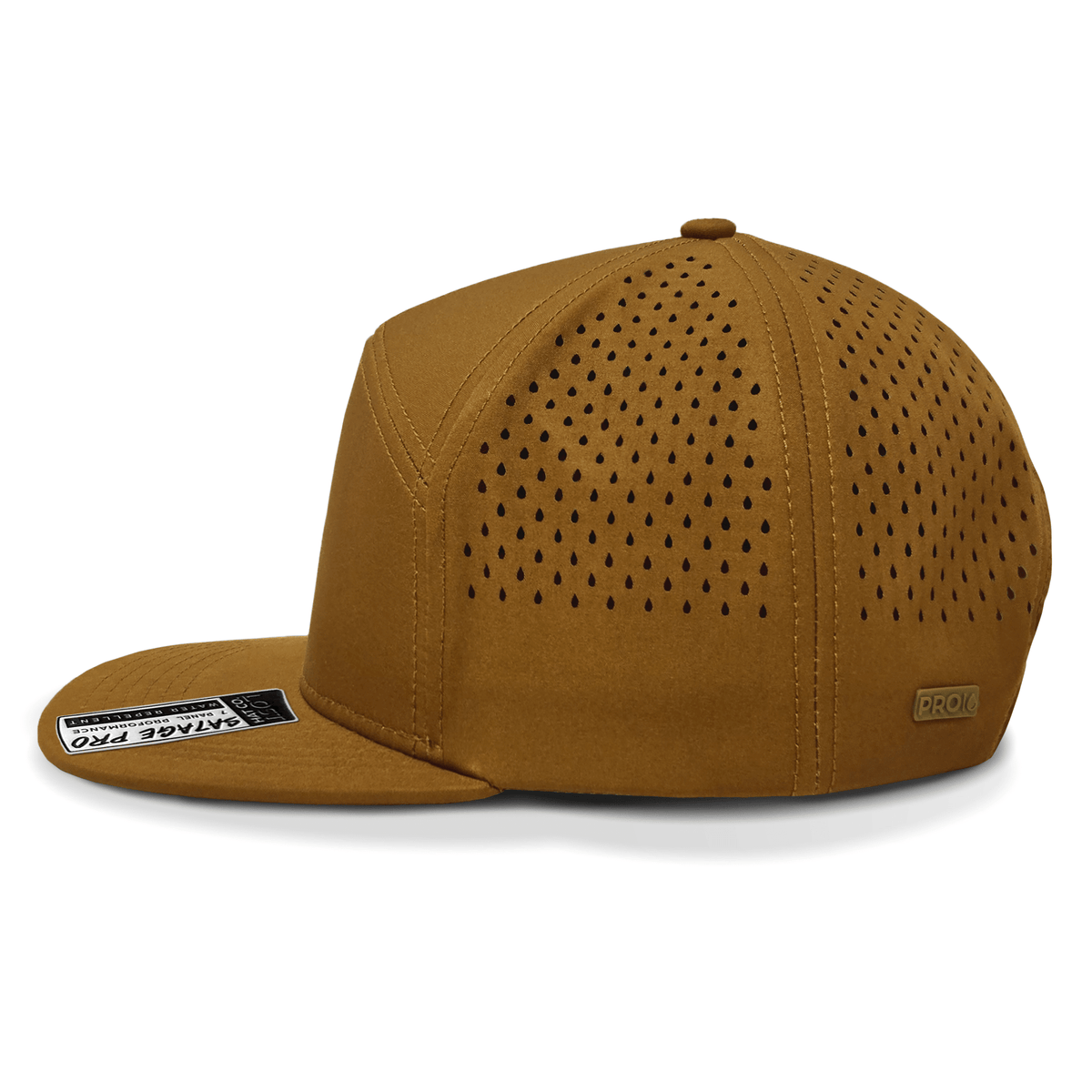 Brown baseball cap with perforated design on a white background side view