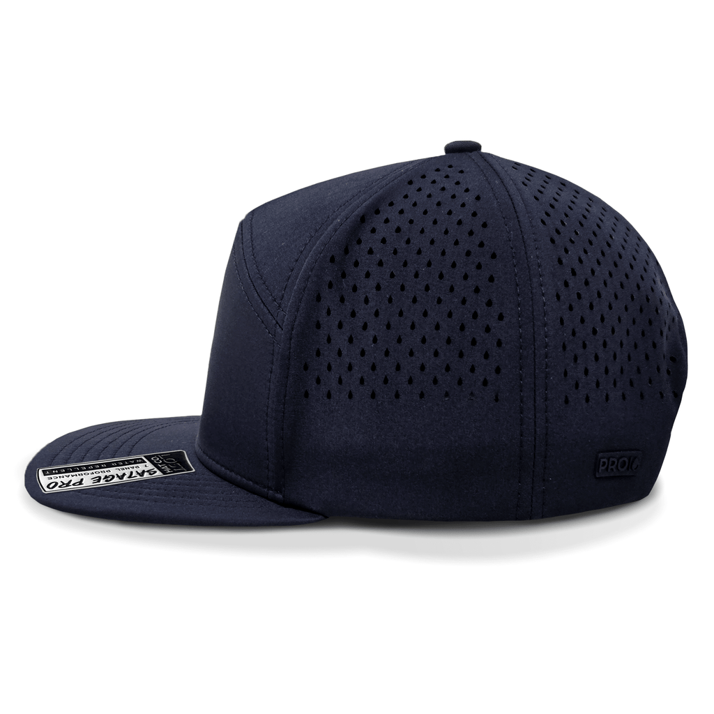 Navy blue cap with perforated design on a white background side view