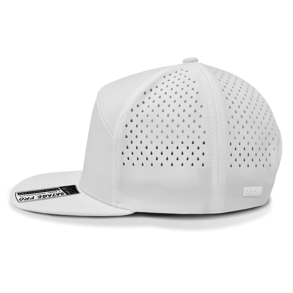 White baseball cap with perforated design on a white background side view