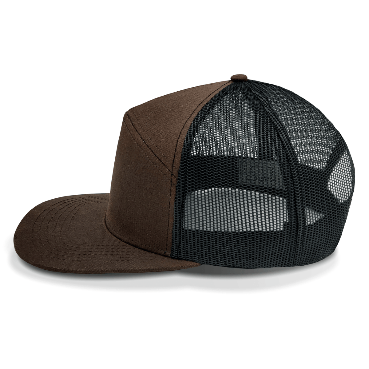Brown cap with black mesh back on a white background side view